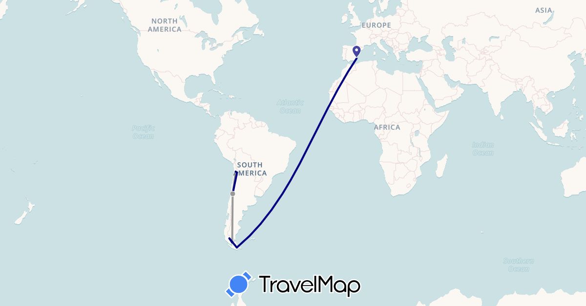 TravelMap itinerary: driving, plane in Argentina, Chile, Colombia (South America)